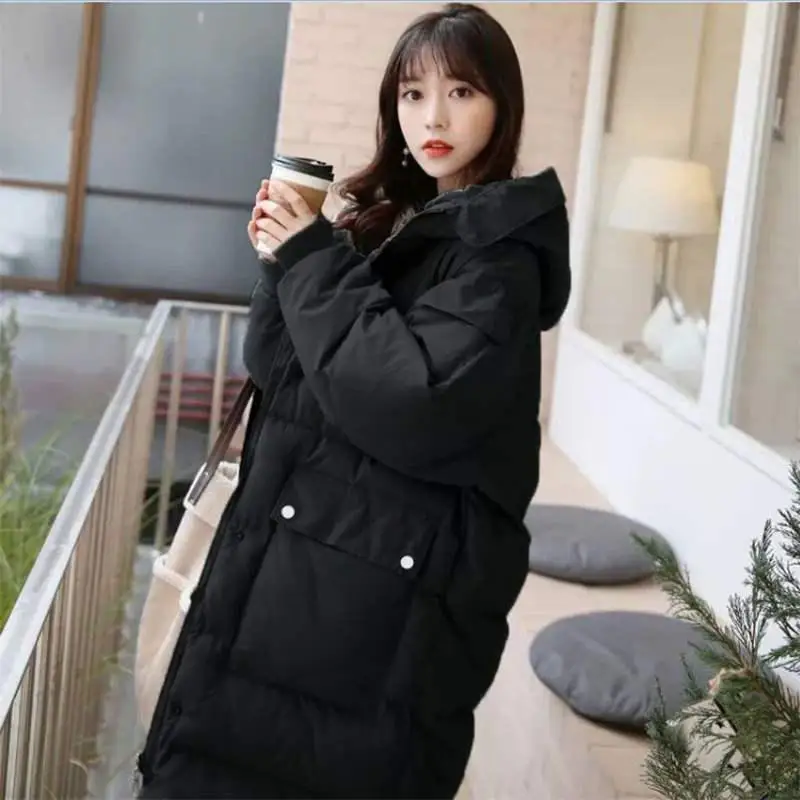 Black Parka Негабаритный пуховик из хлопка женские парки свободная теплая Длинная зимняя куртка женская с капюшоном на молнии однотонные зимние женские пальто с подкладкой Q2000 - Цвет: Black Parka
