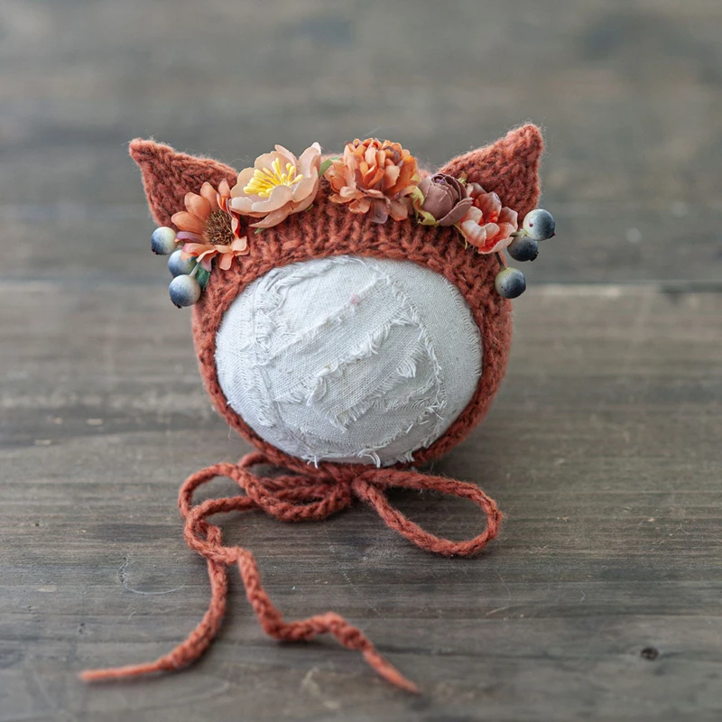 ❤️Newborn Photography Props Accessories Flower Cat Ear Hat Baby Girl Knit Crochet Cap Studio Infant Photo Prop Fotografia