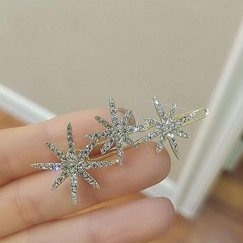 

Korean Snowflakes Clip Stars Crystal Hair Pins For Women Sweets Hair Accessories Jewelry Barrette For Girls заколка снежинка