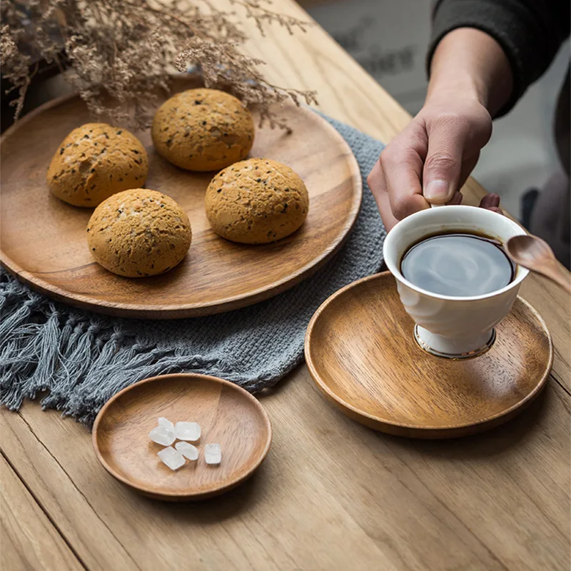 

South American Walnut Japanese Wood Plate Round Wooden Tableware Tea Plate Solid Wood Snacks Fruit Plate Dinner Plates