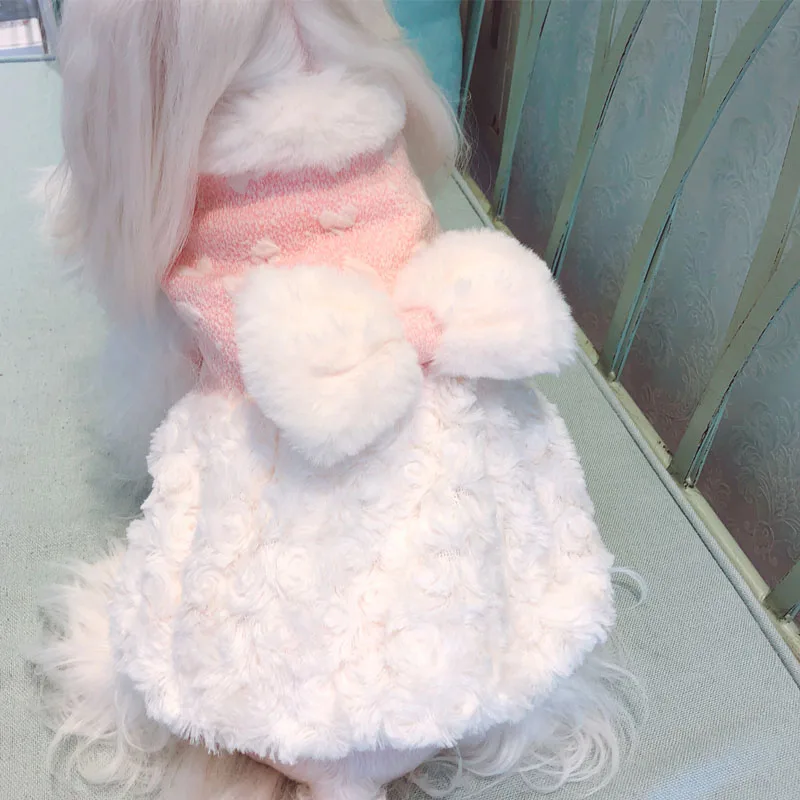 

Soft Warm Dog Clothes Winter Fake Fur Cat Coat Dress With Big Bowknot Sleeveless Vest Outfit For Chihuahua Bichon Apparel Pets L