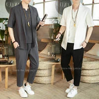 chinese style tang suit traditional kung fu uniform set hanfu t shirt pants men japanese casual tee tops trousers sports costume