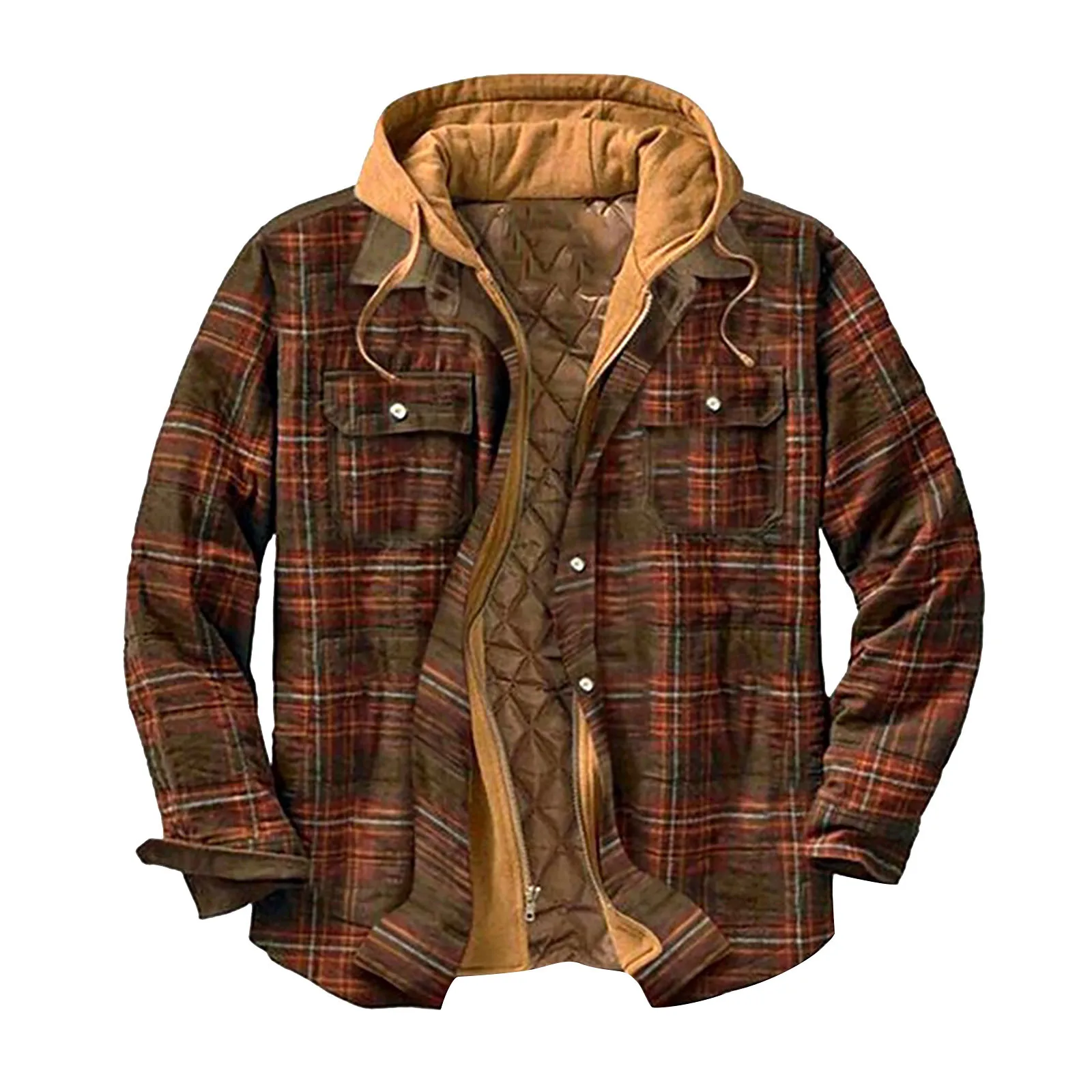 

Pop Fake Two Coats For Man Button Down Velvet Shirt Jacket With Hood Male Plaid Quilted Lined Jacket Tops Chaquetas