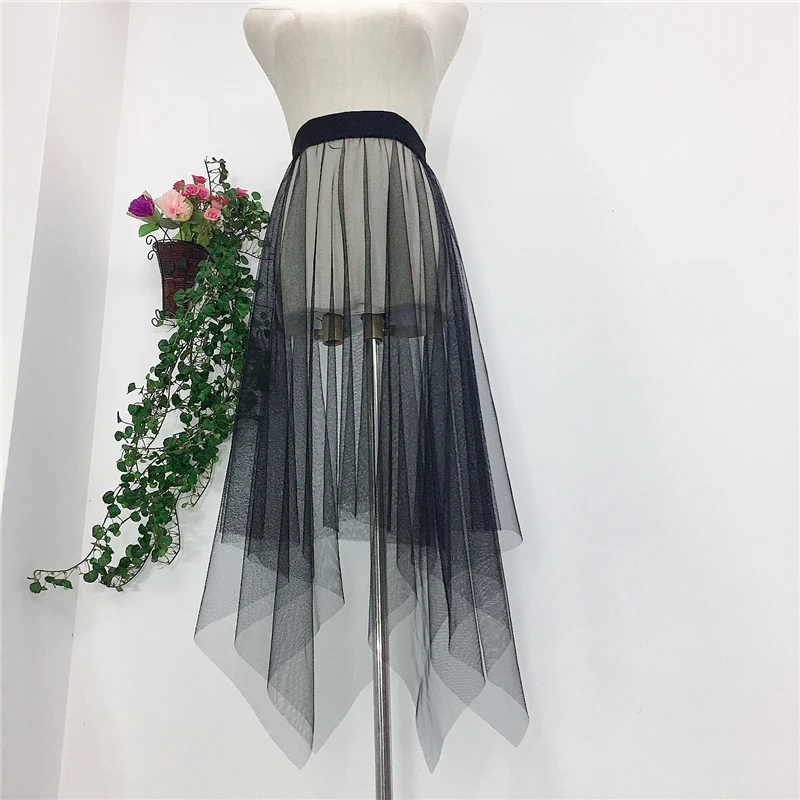 Transparent Sexy Sheer Mesh Pleated Women's Skirt Tutu Tulle High Waist Irregular Long Black Skirt For Girls Korean Style Skirts