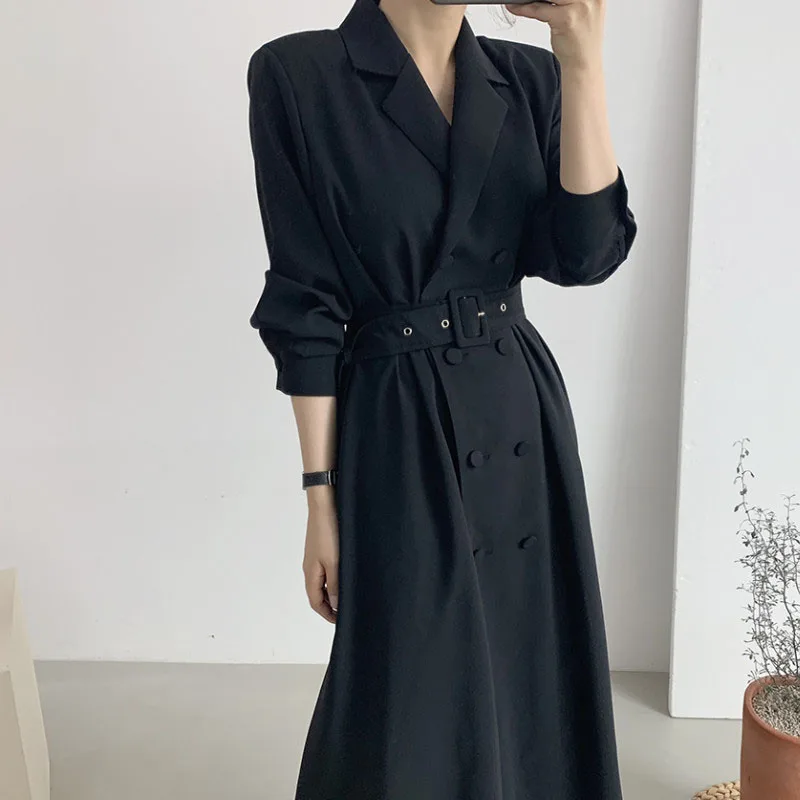 Женское винтажное офисное платье с поясом двубортная ветровка костюмным