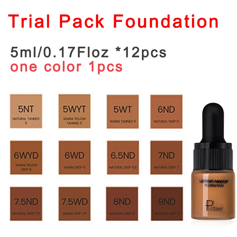 Trial pack 12pcs Pudaier, 40 мл, матовая основа для макияжа, крем для лица, профессиональный скрывающий макияж, Тональная основа, высокое покрытие, жидкая, стойкая - Цвет: Trial pack 12pcs