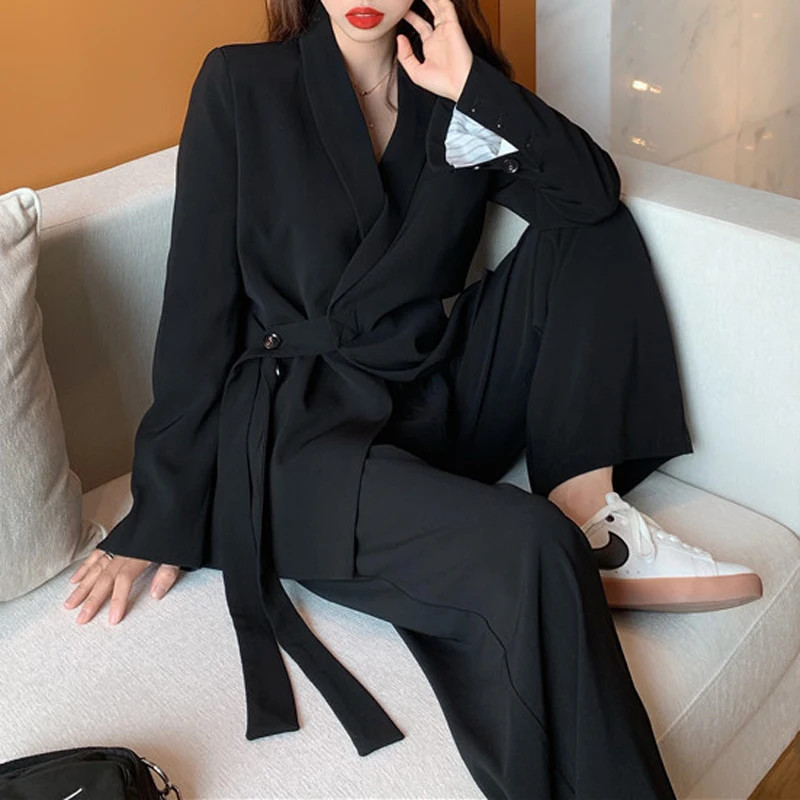 BornSra Vintage Two Pieces Set Women Blazer Lace Up Notched &amp Loose Pant Suits Female Trouser Suit 2020 | Женская одежда