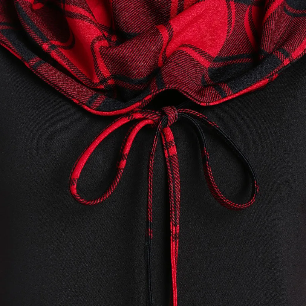 Зимнее платье с капюшоном для женщин принт в клетку длинный рукав повязка