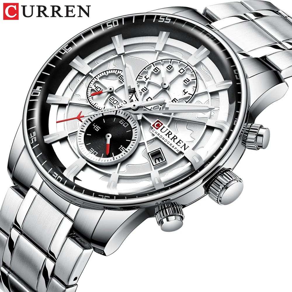 CURREN New Fashion Silver Black Quartz Watch Stainless Steel Waterproof Wristwatch Luminous Luxury Brand Chronograph Date Clock | Наручные