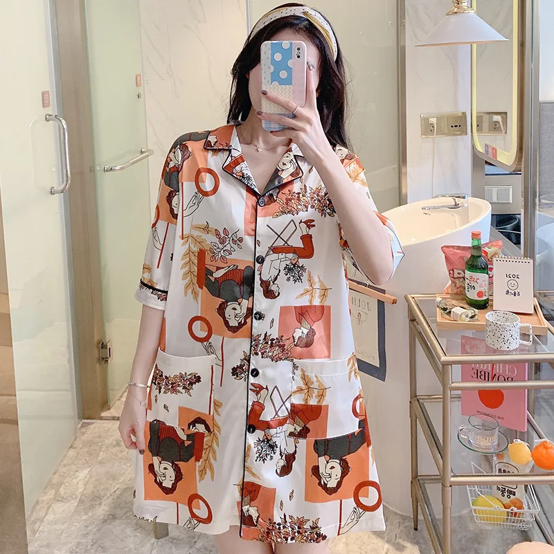 

Variety of 2021 shirt nightdress female spring and summer ice silk sexy cute art short-sleeved large size loose pajamas