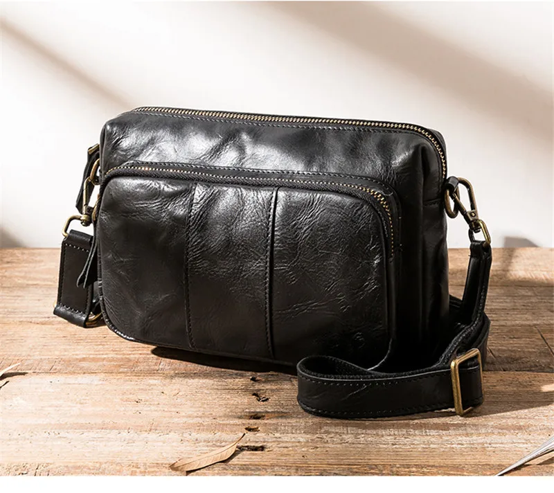 Chvala Outdoor Leisure Luxury Natural Genuine Leather Men's Black Shoulder Bag Simple High Quality Real Cowhide Messenger Bag