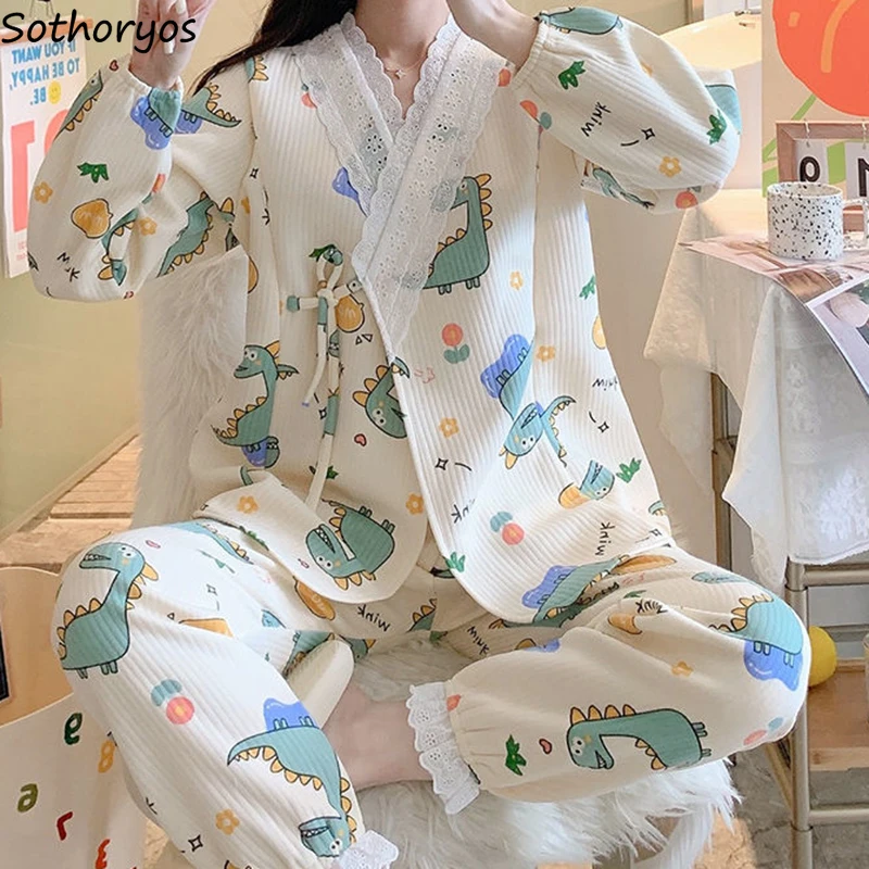 

Plus Size M-3XL Kimono Pajama Sets Women Cartoon V-neck Sashes Pregnant Breast-feed Nightwear Elastic Waist Soft Autumn Homewear