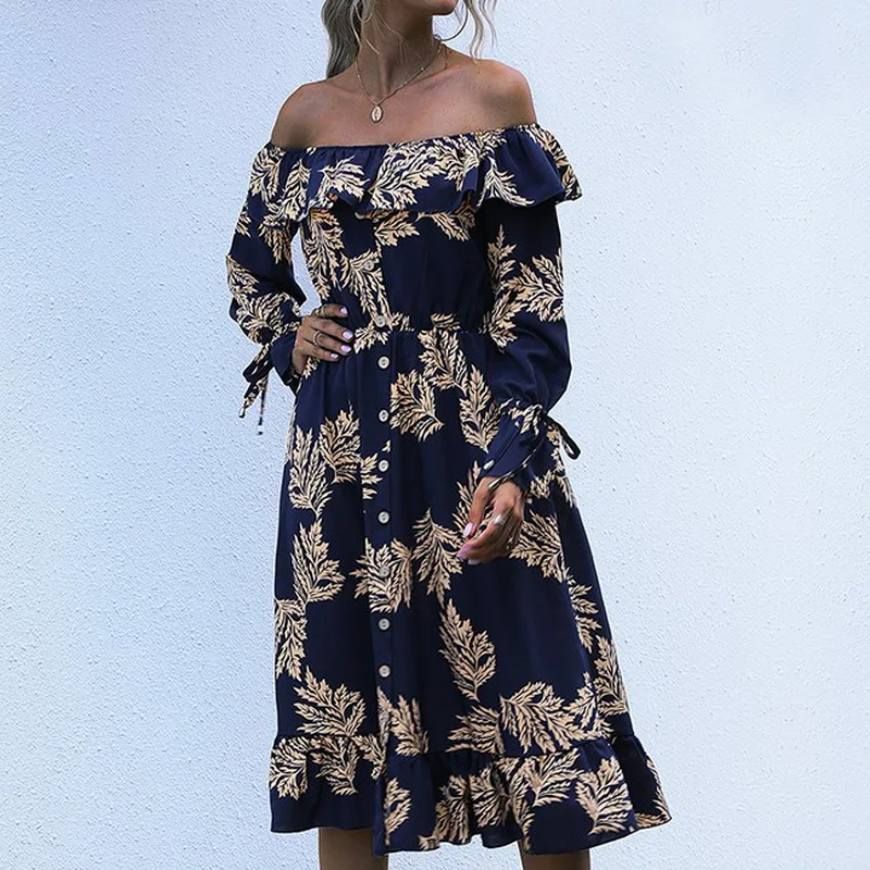 

Women's Spring And Autumn Fashion Sexy Off Shoulder Lace Up Waist Slim Retro Floral Ruffle Casual Long Sleeve Dress A Version