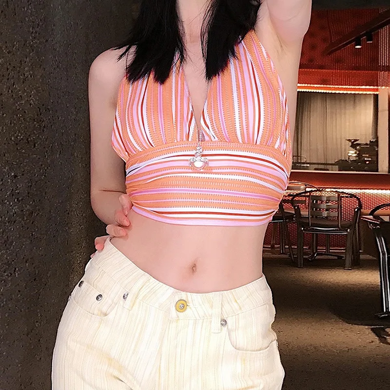 

Для женщин летнее платье с лямкой на шее на шнуровке с v-образным вырезом, без рукавов, сексуальные, узкого кроя в полоску Топ с низким вырезо...