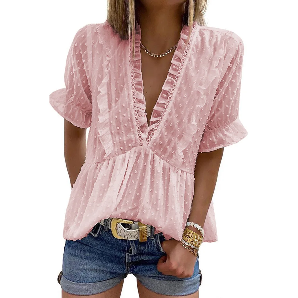 

Женские пикантные блузки с глубоким V-образным вырезом, модная летняя рубашка с рукавом в пять точек, спортивный белый пуловер, топы, винтажн...