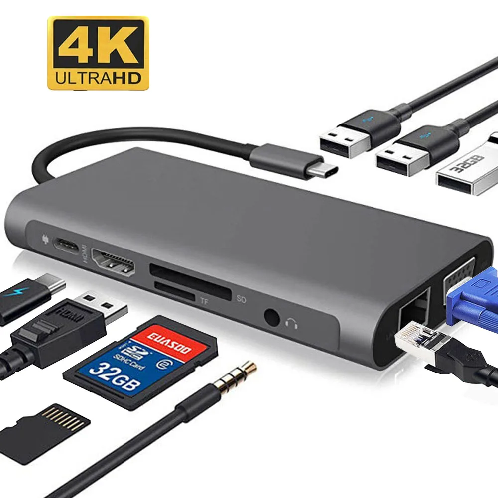 

USB Type C Hub Type-C To 4K VGA Adapter RJ45 Lan Ethernet SD TF USB-C 3.0 Typec 3.5mm Jack Audio Video for MacBook Pro OTG