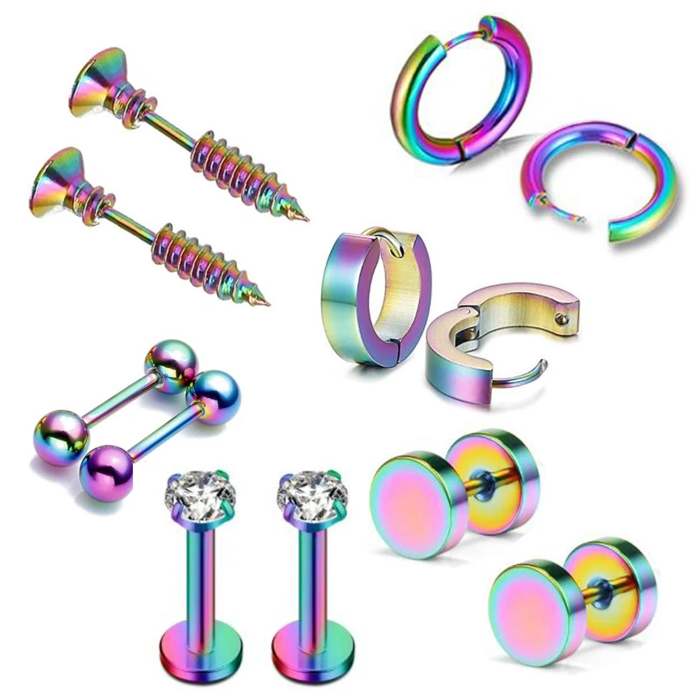 style 3-rainbow 1-6 пар серьги из нержавеющей стали для мужчин Поддельные Вилки туннели шпилька для уха спираль бар для женщин мужчин серьги-кольца - Окраска металла: style 3-rainbow