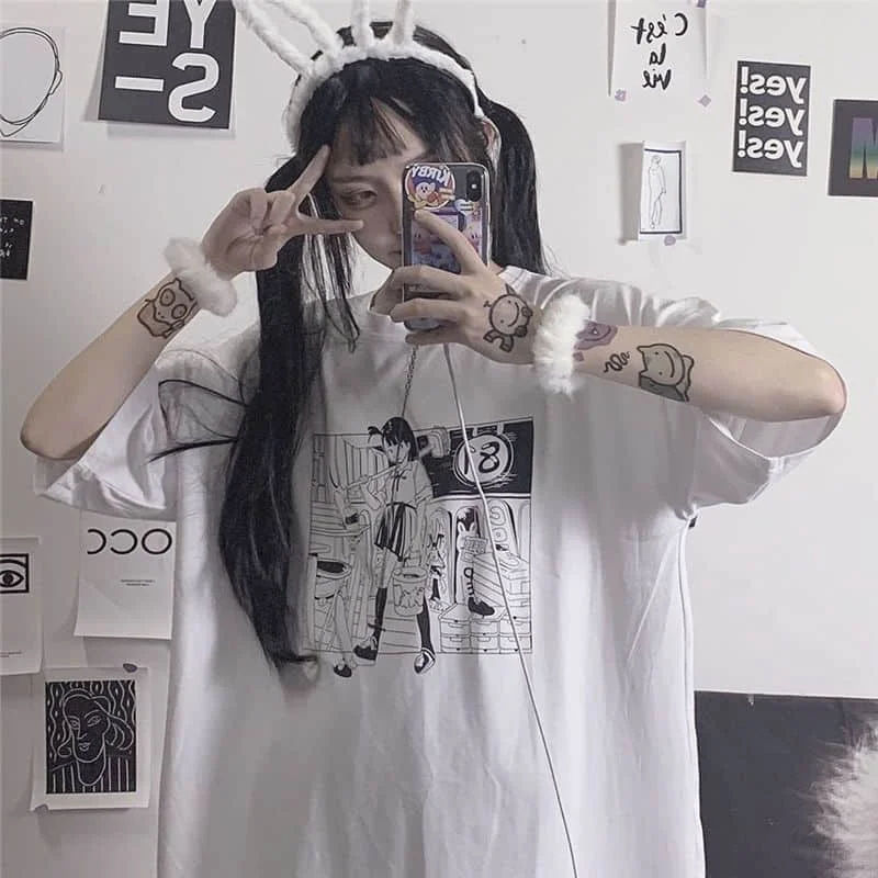 

2021 Summer New Graphic Tees Casual Top Loose Short Sleeve Korean Punk Sweatshirts Shirts for Women Oversized T Shirt Goth Tops