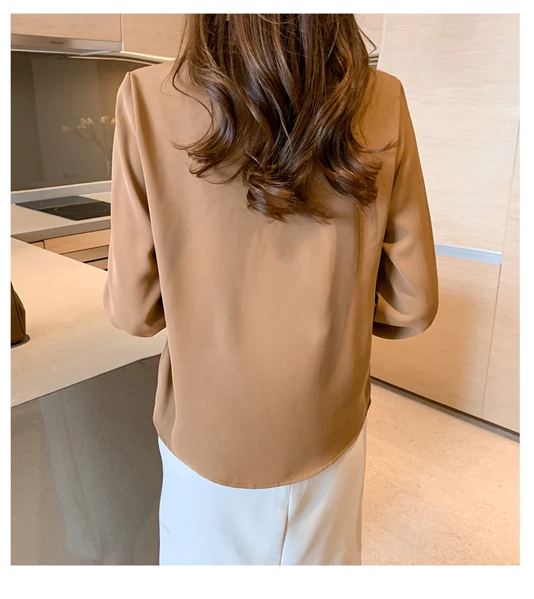 

Houthion New Silk Women's Blouses Fashion Shirt Full Loose Solid V-neck Silk Blouse Long Sleeve Top Summer Regular