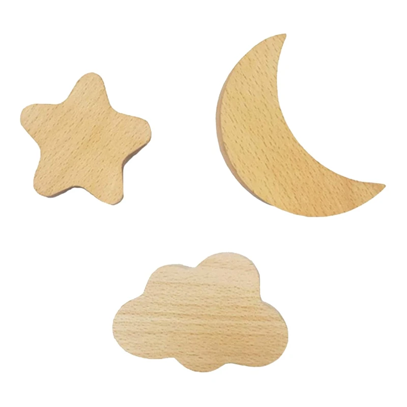 

3 Pack Wooden Coat Hooks Wall Mounted Single Hangers,Moon Star Cloud,Hooks for Coat Bag Towels Robe Hat,Home Decorative