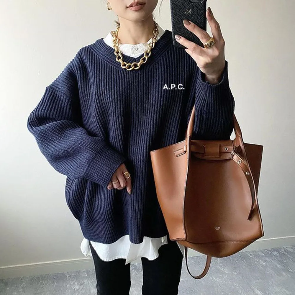 

Fashion Loose Sweater Women Elegant Autumn Winter Warm Oversized Knitted Pullovers Casual Solid V Neck Korea Style Female Tops