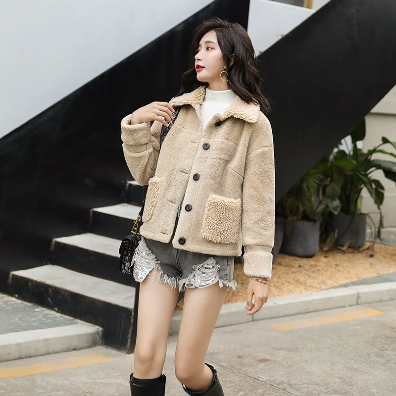 Женская Шуба из овечьей шерсти однотонная короткая шуба зима 2019|Куртки