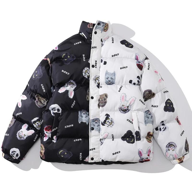 

Mens Patchwork Ugly Animal Print Thick Parkas Winter Male Oversize Couple Jacket Unisex Cotton Color Block Parka Jackets Tops