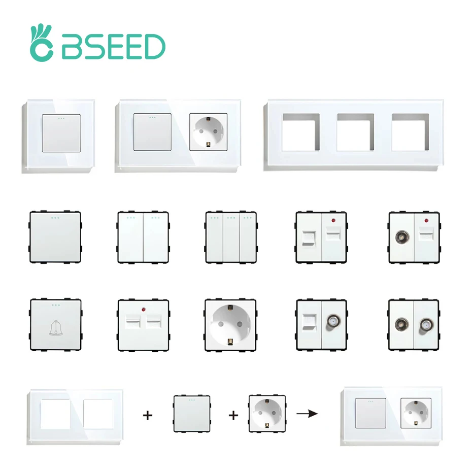 Настенные выключатели BSEED со стеклянной панелью белые USB розетки функциональные