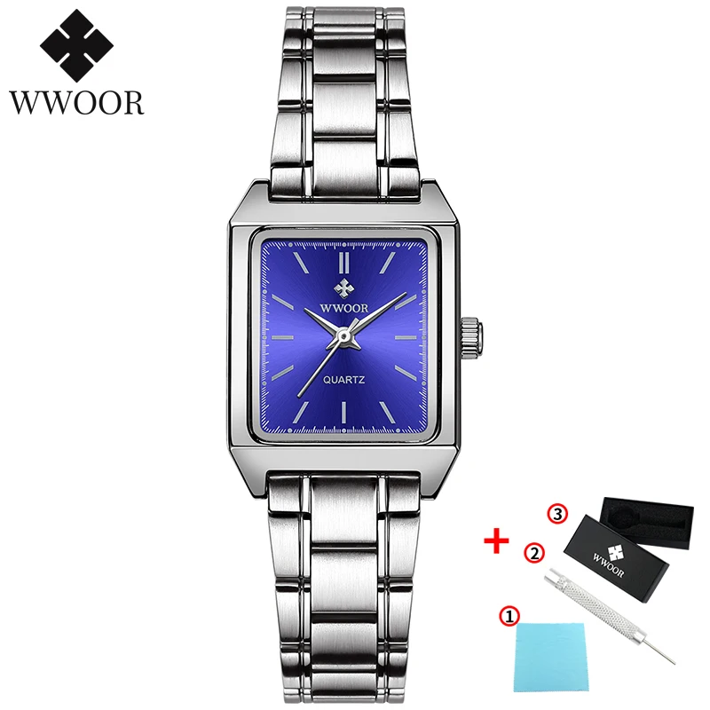 G-Blue surface WWOOR женские часы, простые женские кварцевые часы из нержавеющей стали, повседневные наручные часы с браслетом, подарки для женщин, маленькие часы - Цвет: G-Blue surface