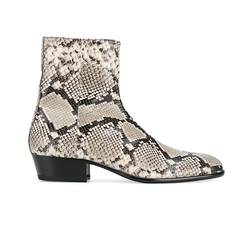 

Genuine Leather Pointed Toe Men Ankle Boots Alligator Snakeskin Plaid Sexy Leopard Print Luxury Platform Chelsea Boots