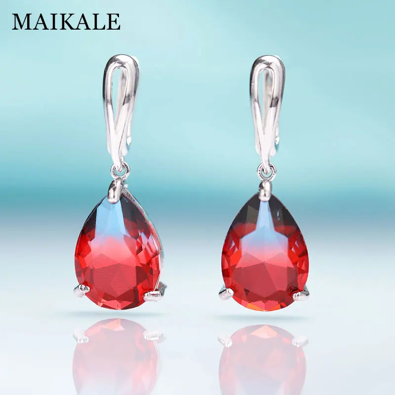 MAIKALE New Water Drop Gradient Blue Long Earrings Women Fashion Rose Gold Fine Jewelry Tourmaline Zircon Glass Dangle Earrings