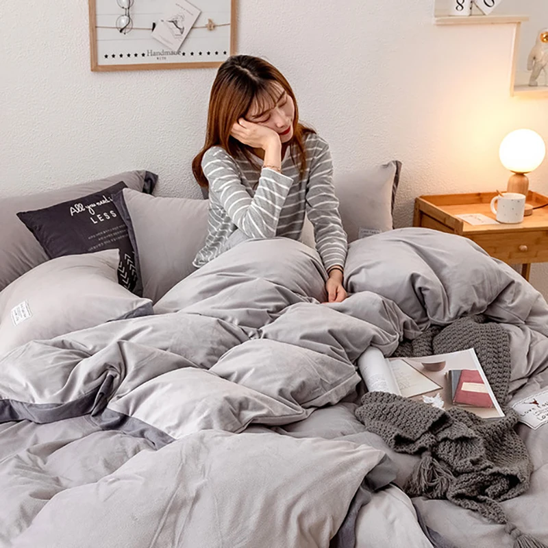 Solid Color Bedding Set Coral Fleece 4pcs Bed Sets Bedclothes Duvet Cover Sheets Pillowcase Winter Thicken Comfortable Coverings | Дом и сад