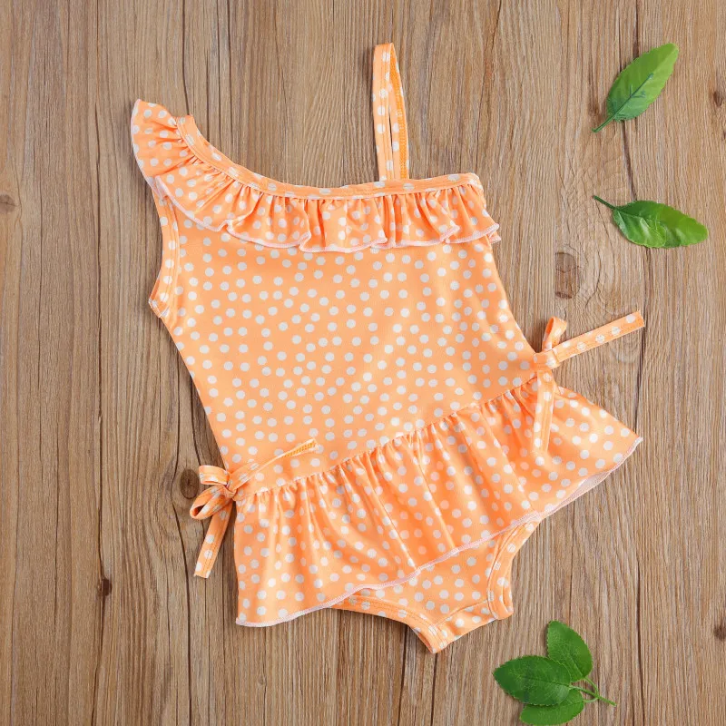 

Baby Girl Swimsuit, Summer Romper, Polka Dot Printed Ruffles No-Sleeve Slant Collar Flouncing Sling Beach Dress