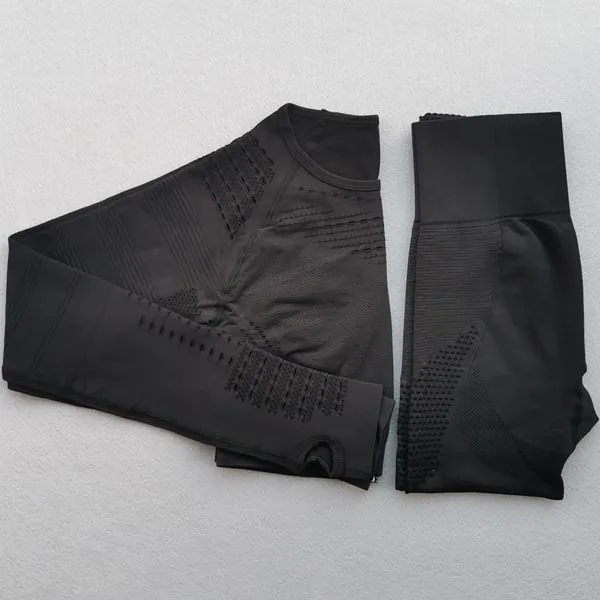 Black 2pcs set Женский бесшовный Набор для йоги, одежда для тренировок, Топ с длинным рукавом для фитнеса+ леггинсы с высокой талией, леггинсы, 2 предмета, спортивные костюмы - Цвет: Black 2pcs set
