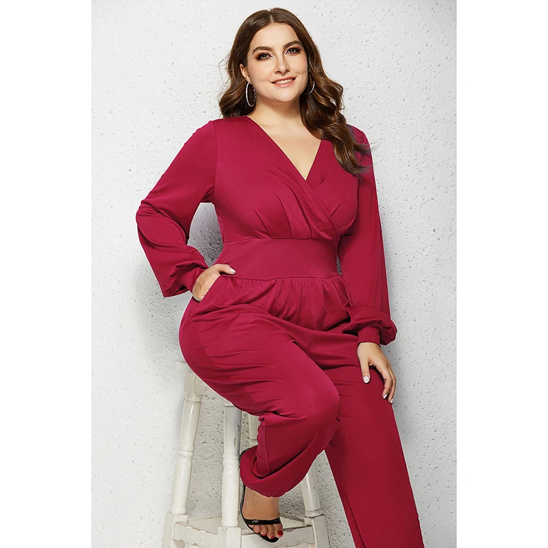 

Женский комбинезон с V-образным вырезом, длинным рукавом и карманами