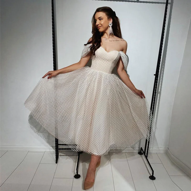 

Short Wedding Dress 2021 Off Shoulder Ankle Length Point Net Bridal Gown Gorgeous For Women Brides Tulle Robe De Mariee Graceful