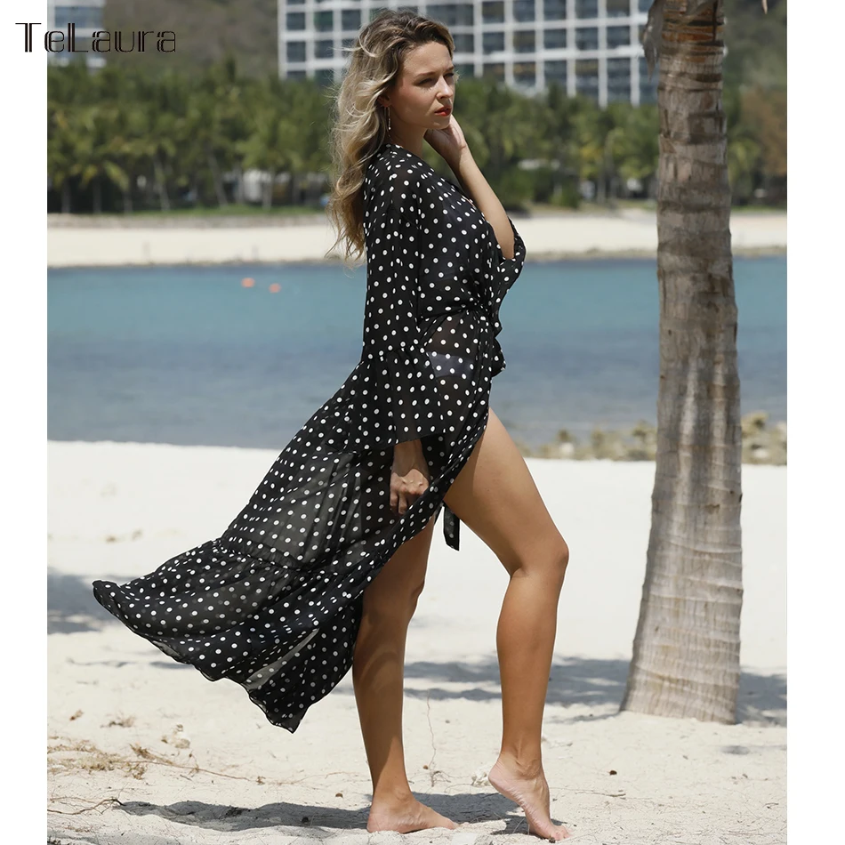 Новинка 2020 пикантная Пляжная накидка купальник в горошек Пляжное длинное платье