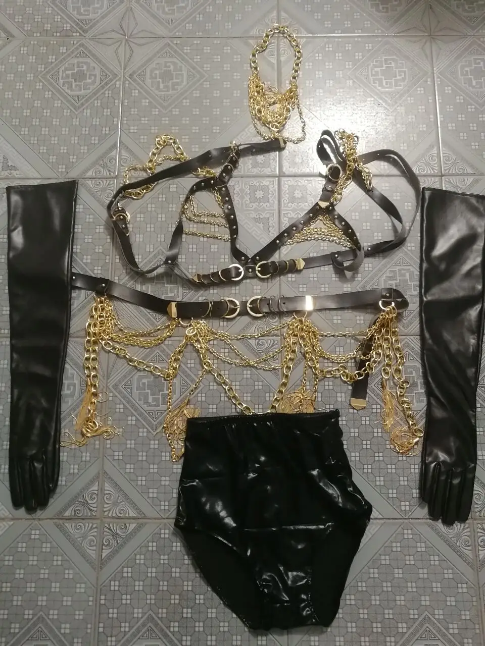 Sexy Metal Nightclub Dance Costume Gold Chain Tassels Bikini Set Female DJ Singer Stage Wear Bar Show Performance Outfit