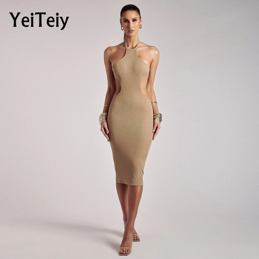 

Yeiteiy Summer Solid Color Simple Dress Sleeveless Hanging Neck Hollowing Both Sides Womens Clothing Fashion Slim Sexy Vestidos