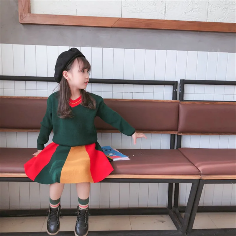 Ins/Детский свитер для девочки топ с v образным вырезом горловины и комплект юбкой