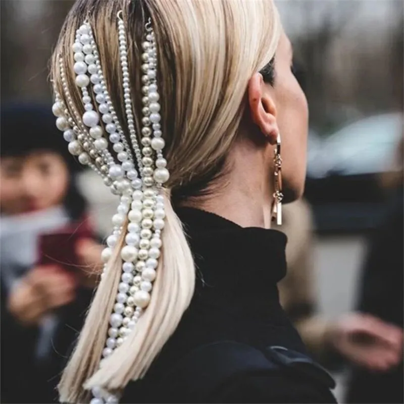 Заколка для волос с искусственным жемчугом и длинной кисточкой/цепочкой |
