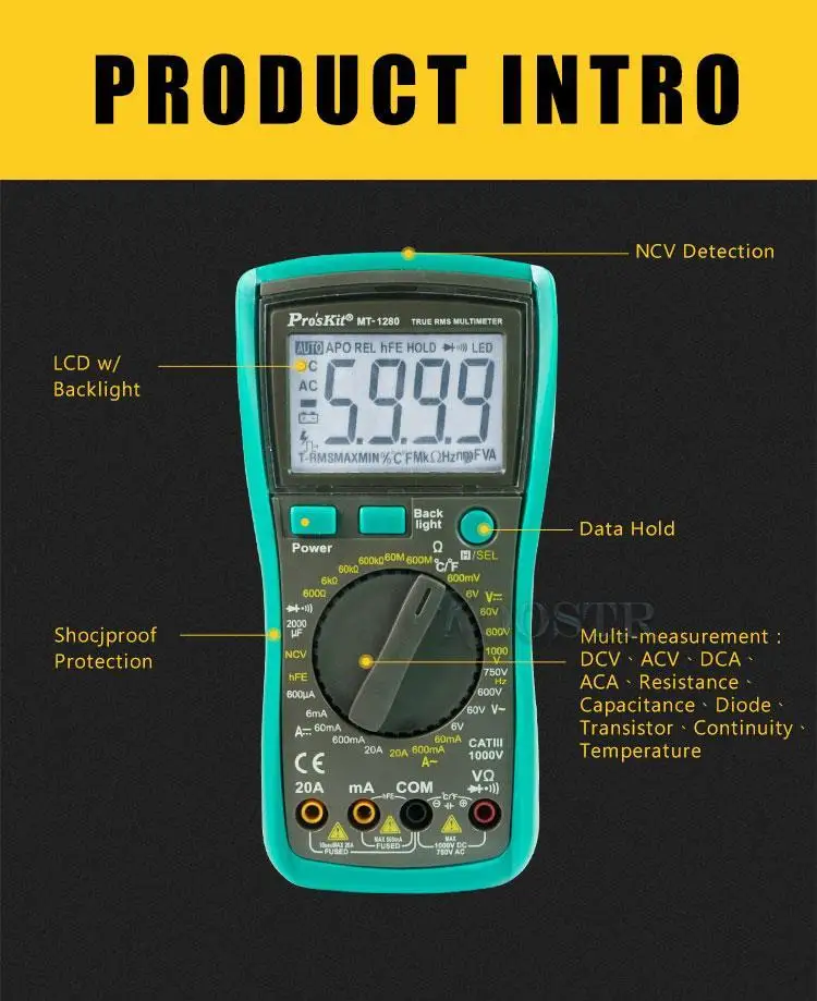 Pro'skit MT-1280 3 5/6 true RMS высокоточный автоматический цифровой дисплей анти-горение