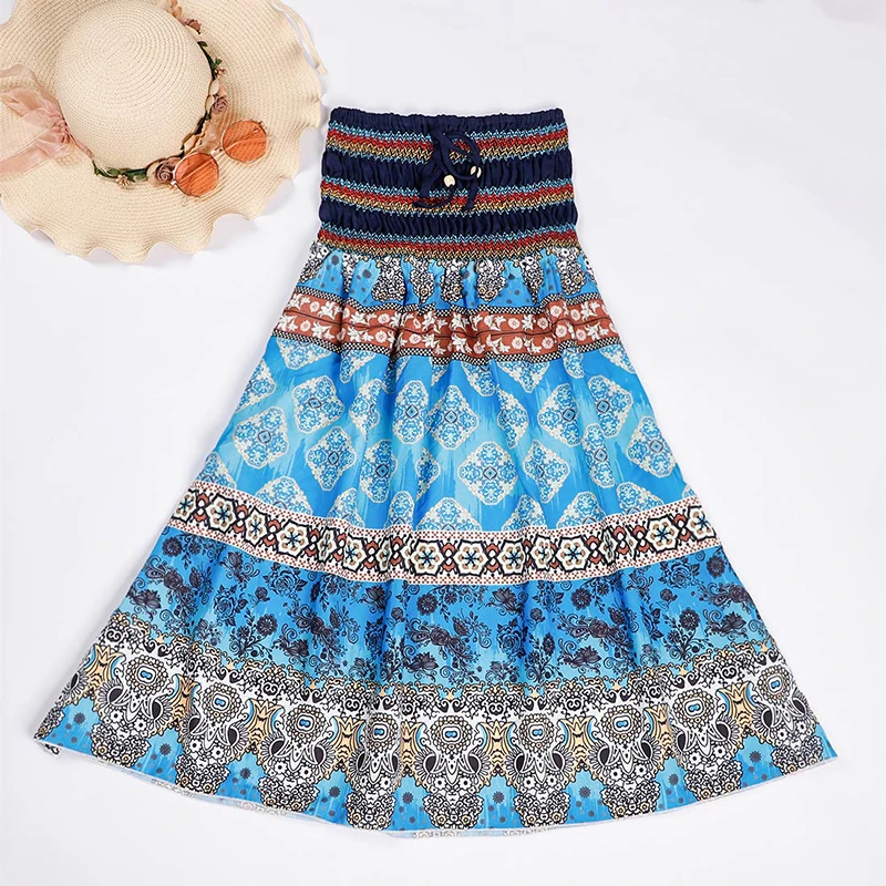 

Boho Floral A-line Women's Maxi Skirt Elastic High Waist Sashes Vintage Pleated Womens Skirts 2021 Summer Fashion Clothes Female