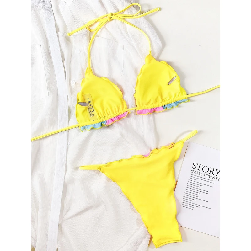 

2021 Sexy ruffle patchwork swimsuit women Triangle micro bikini set High cut swimwear female Halter push up biquini Bathing suit