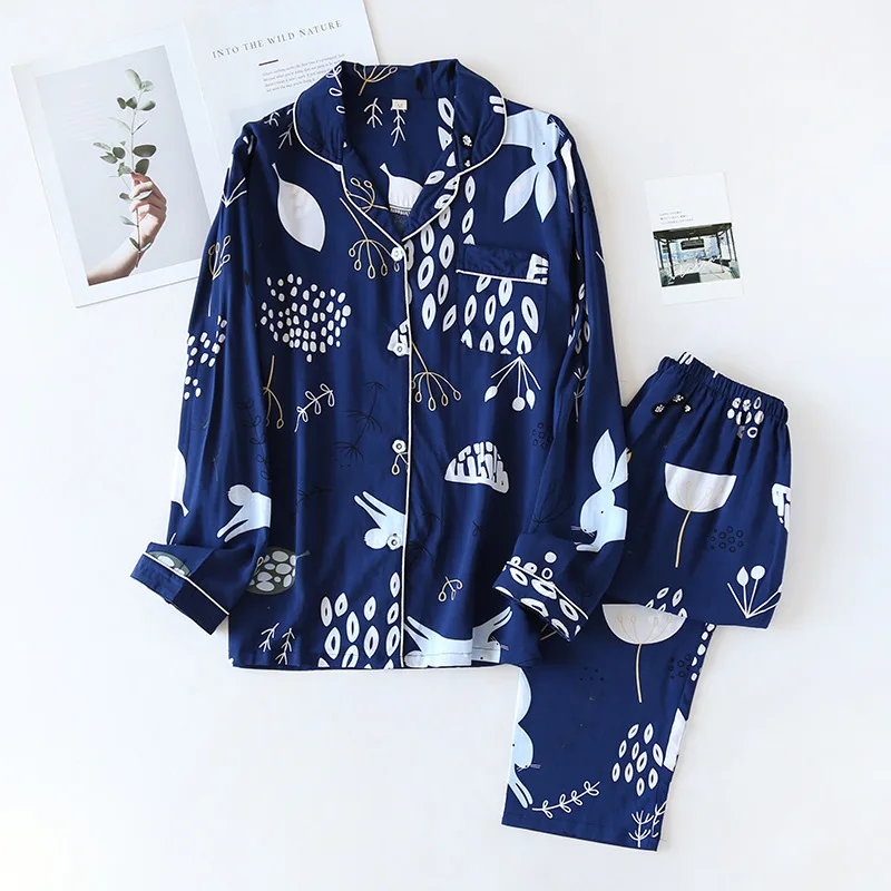 

Simple Style Breathable Pajama Long-Sleeved Trousers Femme Loose Nightwear Suit Female Long Pyjama Set For Women'S Home Service