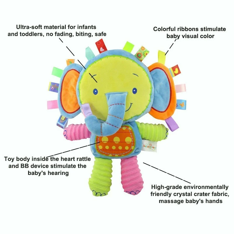 Мягкие игрушки для малышей Cartoon Baby Plush Rattles Toys Appease Doll Infant Hand Bells Elephant/Monkey/Rabbit Animal Soft Cotton Educational.