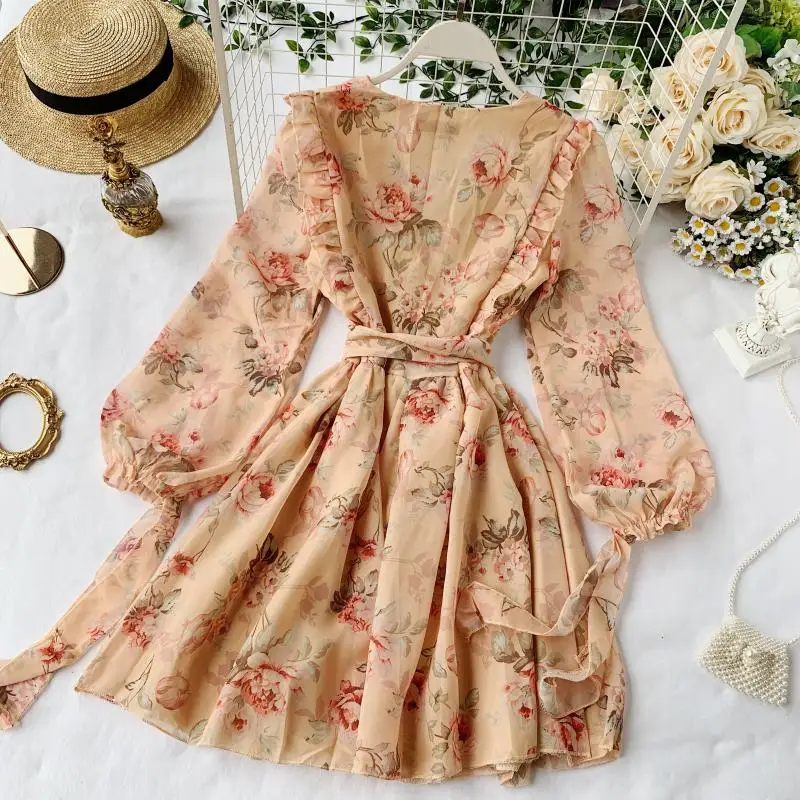 

Women's Dress Spring Summer New Cyber Celebrity Elegant Ins Puff Sleeve Ruffled V-neck Bow Lacing Floral Chiffon Dress ML865
