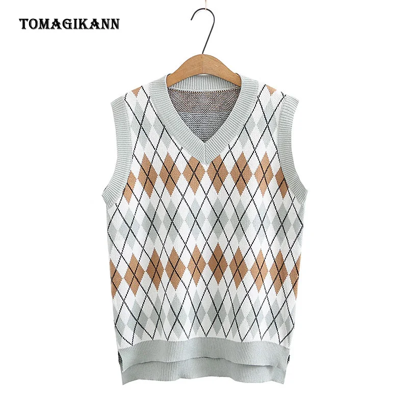 Preppy Style Argyle Contrast Colors V Neck Knitted Vests Women Casual Sleeveless Oversized Sweater Pullovers Waistcoat | Женская одежда