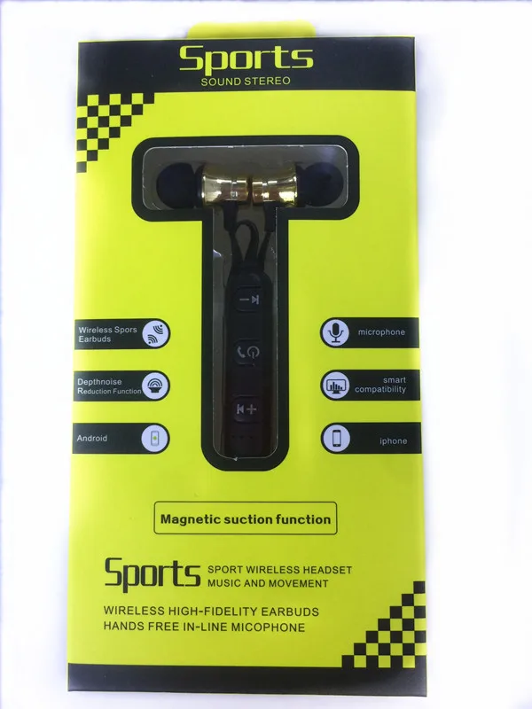 Gold with retailbox Металлические спортивные беспроводные наушники, bluetooth-наушники с защитой от пота, магнитные наушники, стереогарнитура для мобильного телефона - Цвет: Gold with retailbox