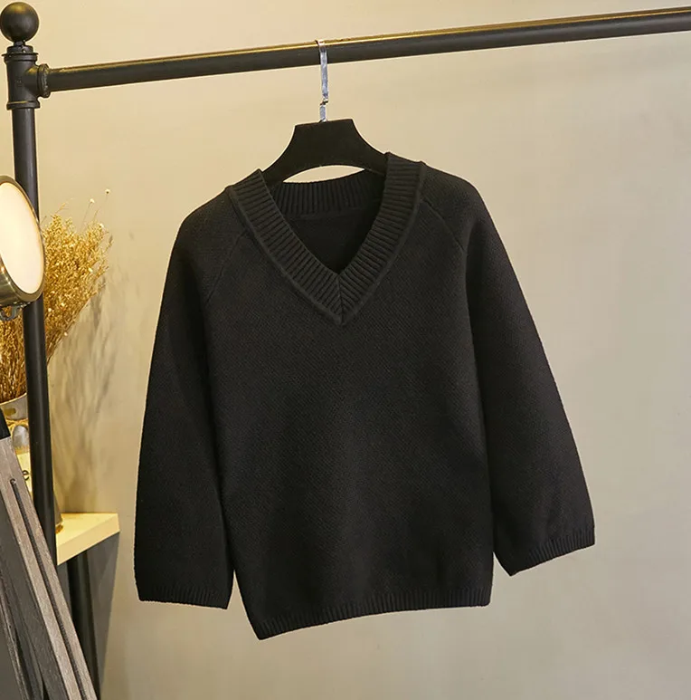 

Women's sweater loose-fitting women's three-quarter sleeve pullover sweater Black